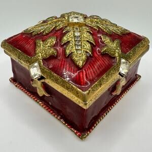 Folio vintage gold tone red enamel clear rhinestones trinket box 2x2x1.5